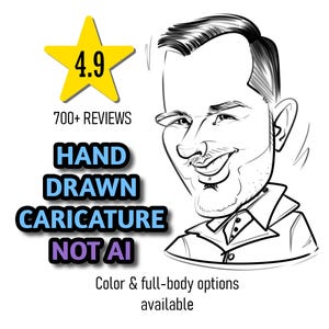 K&ouml;nnte beinhalten: Eine Schwarz-Wei&szlig;-Karikatur einer l&auml;chelnden Person mit einem gelben Stern und der Zahl 4,9. Der Text lautet "700+ BEWERTUNGEN", "HANDGEZEICHNETE KARIKATUR NICHT KI" und "Farb- und Ganzk&ouml;rperoptionen verf&uuml;gbar".