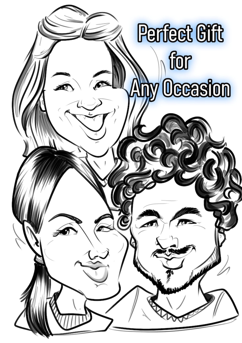 K&ouml;nnte beinhalten: Schwarz-Wei&szlig;-Karikatur von drei Personen mit &uuml;bertriebenen Gesichtsz&uuml;gen. Der Text &bdquo;Perfektes Geschenk f&uuml;r jeden Anlass&ldquo; ist &uuml;ber den Karikaturen zu sehen. Das Bild zeigt humorvolle Gesichter.