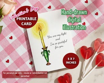 Hand-Drawn Valentine's Day Candle Card – Printable 'You are my light' (PDF, JPG, PNG)