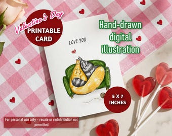 Hand-Drawn Valentine's Day Cat Card – Printable 'Love You' (PDF, JPG, PNG)