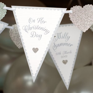 Christening bunting - Personalised banner - Contemporary handmade heart glitter decs