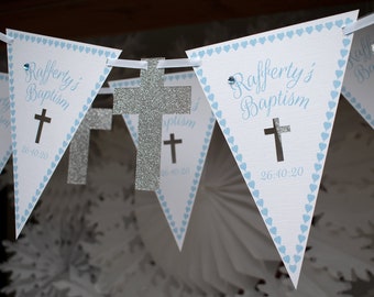baptism bunting decs - 3m bespoke personalised baby blue boys handmade card baptism banner - present gift - BUY 2 FREE gift & delivery