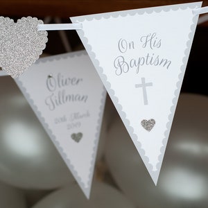 Baptism bunting - Personalised personalized boys baptism banner - Contemporary handmade bespoke heart glitter bunting - Baptism present