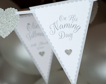 Naming day bunting - Personalised personalized naming day banner - Boys contemporary handmade heart glitter - Silver naming day present