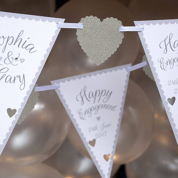 Handmade engagement bunting - Personalised silver engagement banner - Contemporary heart bunting - Silver engaged - Civil partnership