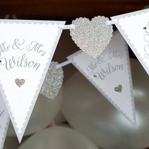 Personalised wedding bunting - I do - Silver mr & mrs Banner - Quality contemporary card wedding banner - heart quality reception decoration