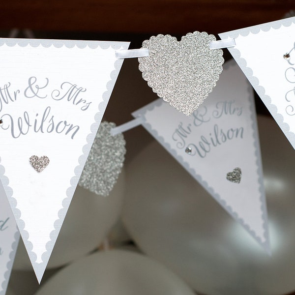 Personalised wedding bunting - I do - Silver mr & mrs Banner - Quality contemporary card wedding banner - heart quality reception decoration