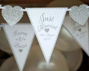 Just Married wedding bunting - personalised mr & mrs wedding banner - silver heart garland - Quality handmade card bunting - Wedding day