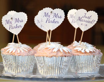 Wedding cake flags - 20 Wedding food picks - Personalised mr & mrs cupcake food flag decorations - Wedding toppers - Heart cake flags