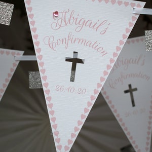 Banderines de confirmación (cualquier nombre), pancarta de tarjeta personalizada en color rosa bebé, regalo de confirmación, COMPRE 2, ENTREGA GRATUITA