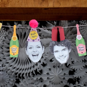 Handmade custom engagement bunting - Personalised photo face funky garland - custom engaged sign - quality engagement decorations - bespoke
