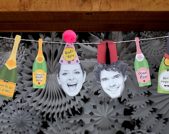 Personalised photo engagement bunting - Photographic face garland - champagne bottles - personalized messages - bespoke engagement decs