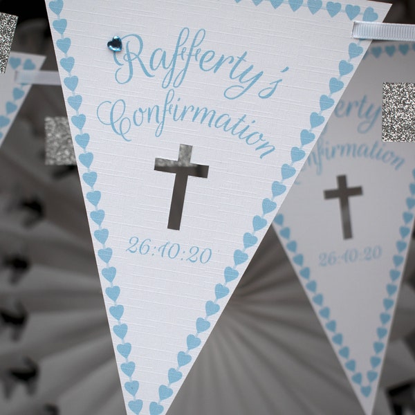 boys confirmation bunting - bespoke personalised baby blue handmade card - BUY 2 DELIVERY FREE - present personalized - quality contemporary