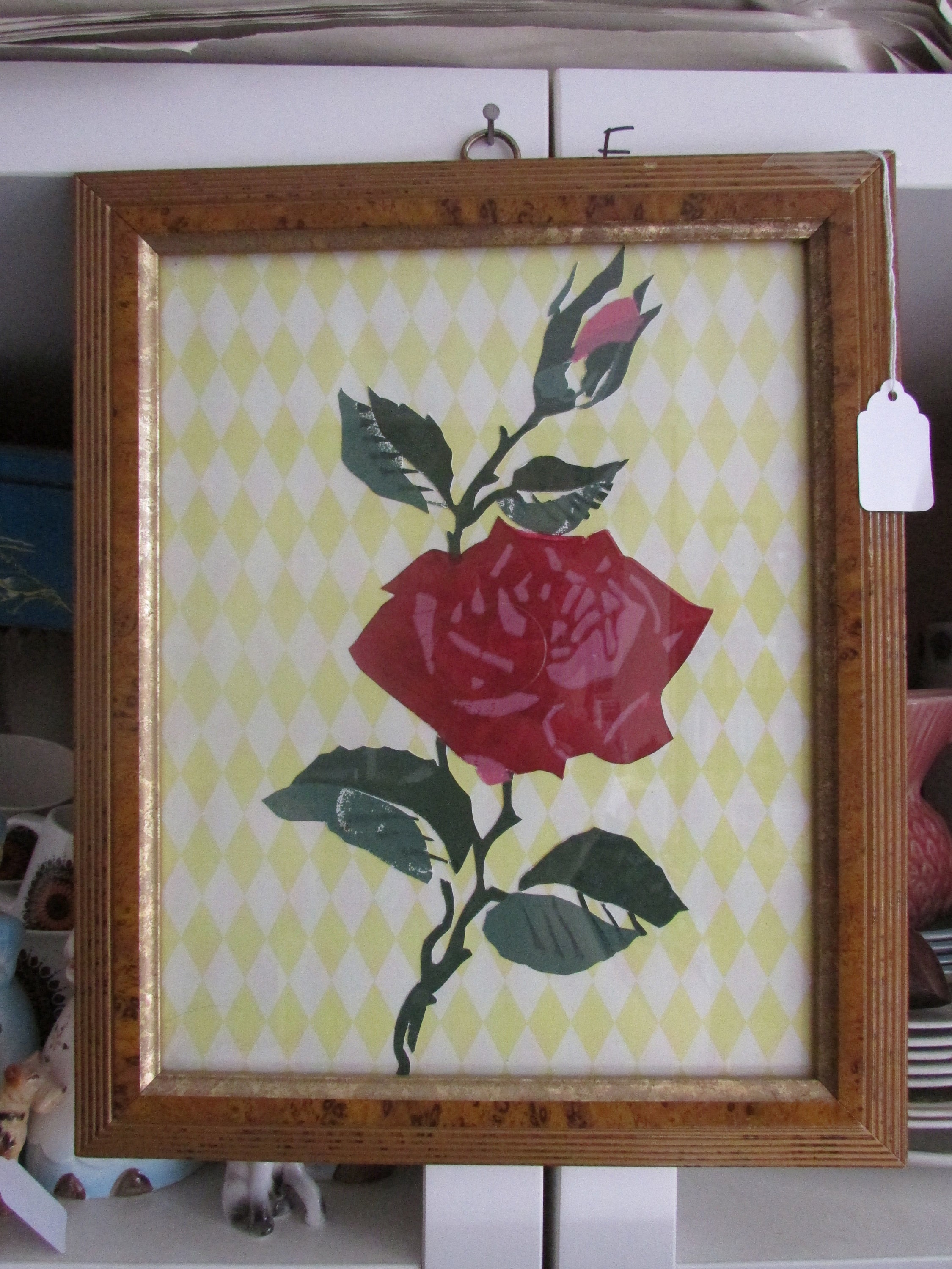 THE ROSE Cutout Screenprint on Vintagestyle Patterned Paper Framed