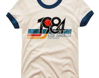 1984 Los Angeles California Ringer Beige Mens Graphic Tee 70s 90s  80s Fashion Retro Tshirts for Men Crewneck Short Sleeve Custom T Shirts