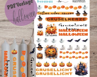 PDF A4 Vorlage "Halloween" Kerzentattoo Kerzensticker Kerzen Wasserschiebefolie Download Stabkerze Sofortdownload