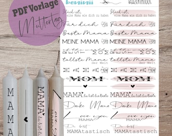 PDF A4 Vorlage "Muttertag" Kerzentattoo Kerzensticker Kerzen Wasserschiebefolie Download Stabkerze Mama Sofortdownload