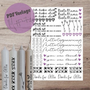 PDF A4 template &quot;Mother&#39;s Day&quot; candle tattoo candle sticker candles water slide film download stick candle mom instant download