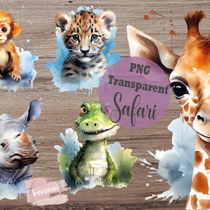 5 ClipArts de animales de safari, CON uso comercial, Digistamp, PNG, Acuarela, fondo transparente, alta calidad, diseño de tarjeta
