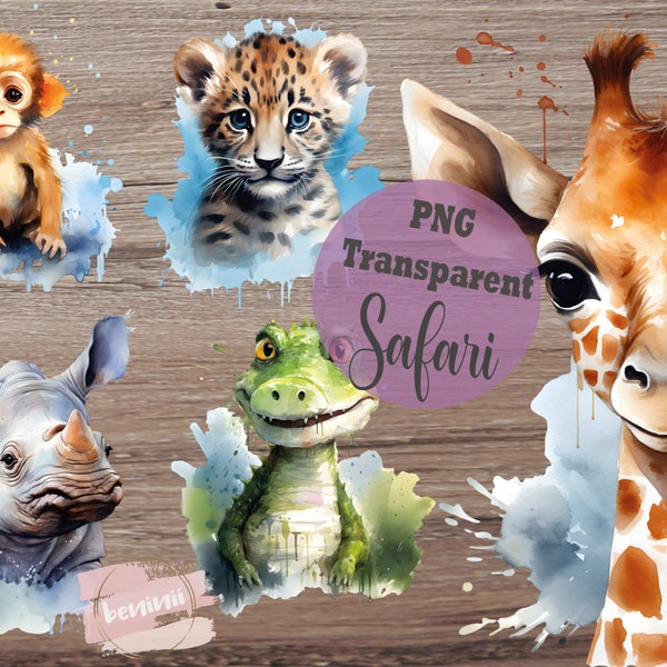 5 Safari Animals Cliparts, WITH Commercial Use, Digistamp, PNG, Watercolor, Transparent Background, High Quality, Card Making