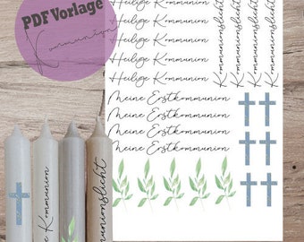 PDF A4 Vorlage "Kommunion" Kerzentattoo Kerzensticker Kerzen Wasserschiebefolie Download Kirche Sofortdownload