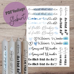 PDF A4 Template &quot;Baby Birth&quot; Candle tattoo Candle sticker Candles Water slide film Download Bar candle Mom Instant download