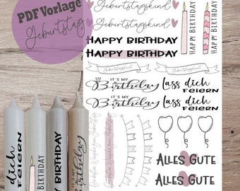 PDF A4 Vorlage "Happy birthday" Kerzentattoo Kerzensticker Kerzen Wasserschiebefolie Download Stabkerze Sofortdownload