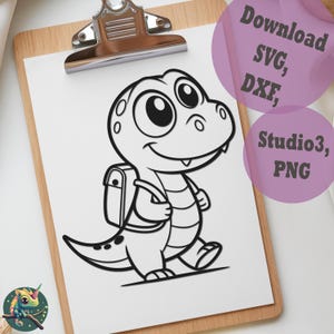 May include: Black and white cartoon illustration of a friendly dinosaur with a backpack, walking. The image is on a white paper, held by a wooden clipboard. Text on the right says "Download SVG, DXF, Studio3, PNG".