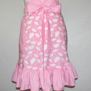 Apron For Women Half in Size Large Ready to ship Pink & White Daisy with Dots Fabric Cotton