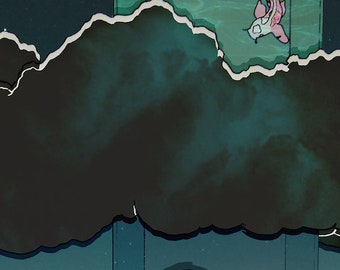 May include: A digital illustration of a pond with a glass box inside. The pond is surrounded by green grass and white rocks. There are several colorful fish swimming inside the pond and the glass box. A dark cloud hangs above the pond, with a few stars visible in the night sky.
