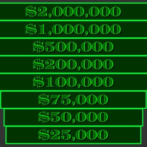 Peut inclure: Une pile de huit étiquettes de prix numériques vertes avec des signes de dollars et des montants allant de 25 000 $ à 2 000 000 $.