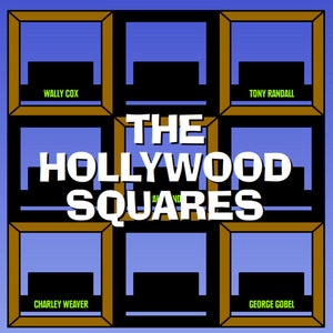 May include: A retro-style game show logo with the text "THE HOLLYWOOD SQUARES" in white letters on a black background. The logo is surrounded by six squares with black interiors and gold frames. The names "Wally Cox", "Tony Randall", "Charley Weaver", and "George Gobel" are written in green letters on the bottom squares.