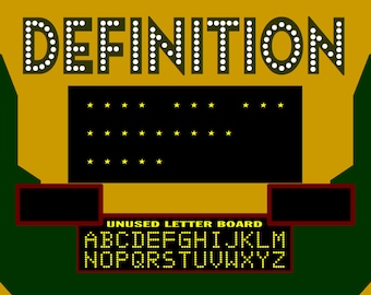 Puede incluir: Un set de programa de juegos con fondo amarillo y paneles laterales verdes. La palabra "DEFINITION" se muestra en letras blancas grandes con bombillas alrededor de cada letra. Debajo de la palabra hay un tablero negro con estrellas amarillas. Debajo del tablero de estrellas hay un tablero negro más pequeño con el texto "UNUSED LETTER BOARD". El tablero de letras muestra el alfabeto en letras amarillas.