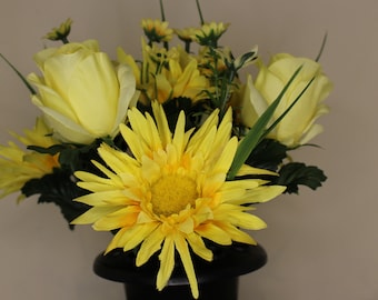 Artificial/Silk Pot, Yellow Greenery Arrangement for Grave/CREM Pot/Table Centre