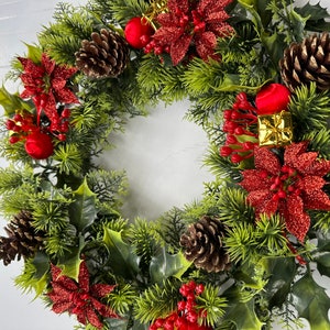 18 Christmas Wreath Decoration/Door Artificial Xmas Red/Glitter Poinsettias/Holly Cones Waterproof Wreath So Ideal For Outside. image 2