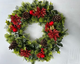 18" Christmas Wreath Decoration/Door Artificial Xmas Red/Glitter Poinsettias/Holly Cones Waterproof Wreath So Ideal For Outside.
