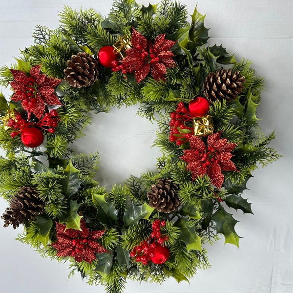 18" Christmas Wreath Decoration/Door Artificial Xmas Red/Glitter Poinsettias/Holly Cones Waterproof Wreath So Ideal For Outside.