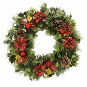 18 Christmas Wreath Decoration/Door Artificial Xmas Red/Glitter Poinsettias/Holly Cones Waterproof Wreath So Ideal For Outside. image 3