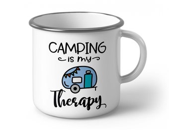 Taza de esmalte "Acampar es mi terapia": taza de café para exteriores