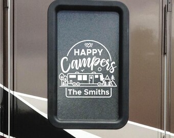 Happy Campers Personalized Name Decal | Class A Motorhome Decal | Camping Bucket Decal | RV Accessories | Camper Trailer Decal