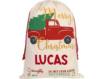 Merry Christmas Little Red Truck Gift Sack | Personalized Gift | Large Christmas Gift Bag | Canvas Christmas Bag | Christmas Gifts for Kids