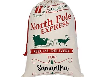 Personalized Santa Sack | Christmas Gift Bag | North Pole Express Gift Sack |  Jumbo Christmas Present Bag | Custom Kid Name Christmas Bags