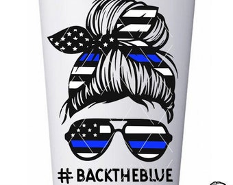 Messy Bun Decal | Thin Blue Line Flag Decal | Tumbler Decals | Back The Blue Decal | Police Wife Sticker | Police Awareness Flag Car Decals