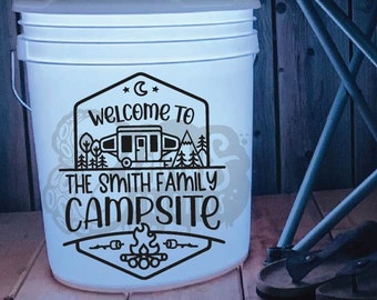 Welcome To Our Campsite Personalized Name Decal | Pop Up Camper Trailer Decal | Camping Bucket Decal | Camp Accessories | Camper Decal