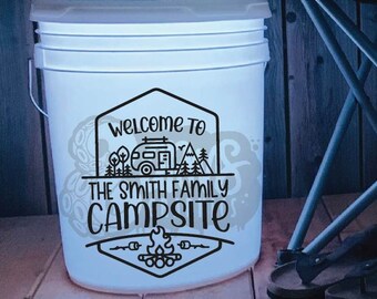 Welcome To Our Campsite Personalized Name Decal | Pull Behind Camper Trailer Decal | Camping Bucket Decal | Camp Accessories | Camper Decal