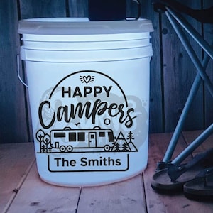 Happy Campers Personalized Name Decal | Class A Motorhome Decal | Camping Bucket Decal | RV Accessories | Camper Decal