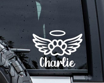 Dog Memorial Decal | Dog Paw Print with Angel Wing and Halo Sticker | Personalized Pet Memorial Vinyl Decal | Custom Pet Loss Sympathy Gift