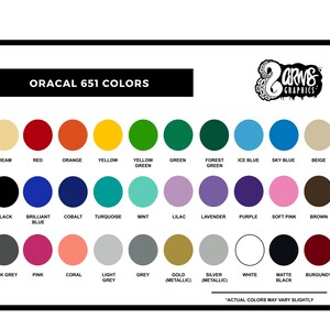 May include: A chart showing 24 different colors of Oracal 651 vinyl. The colors are arranged in three rows of eight colors each. The colors include cream, red, orange, yellow, green, forest green, ice blue, sky blue, beige, black, brilliant blue, cobalt, turquoise, mint, lilac, lavender, purple, soft pink, brown, dark grey, pink, coral, light grey, grey, gold (metallic), silver (metallic), white, matte black, and burgundy.