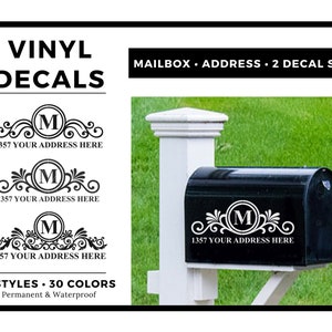 May include: Three styles of mailbox decals with a monogram and address. The decals are black and white and feature a decorative scroll design. The text on the decals reads "1357 YOUR ADDRESS HERE".