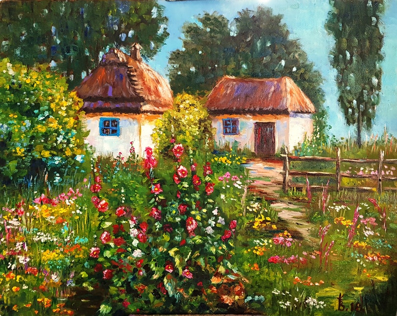 Ukraine village landscape original painting Blooming mallow Etsy